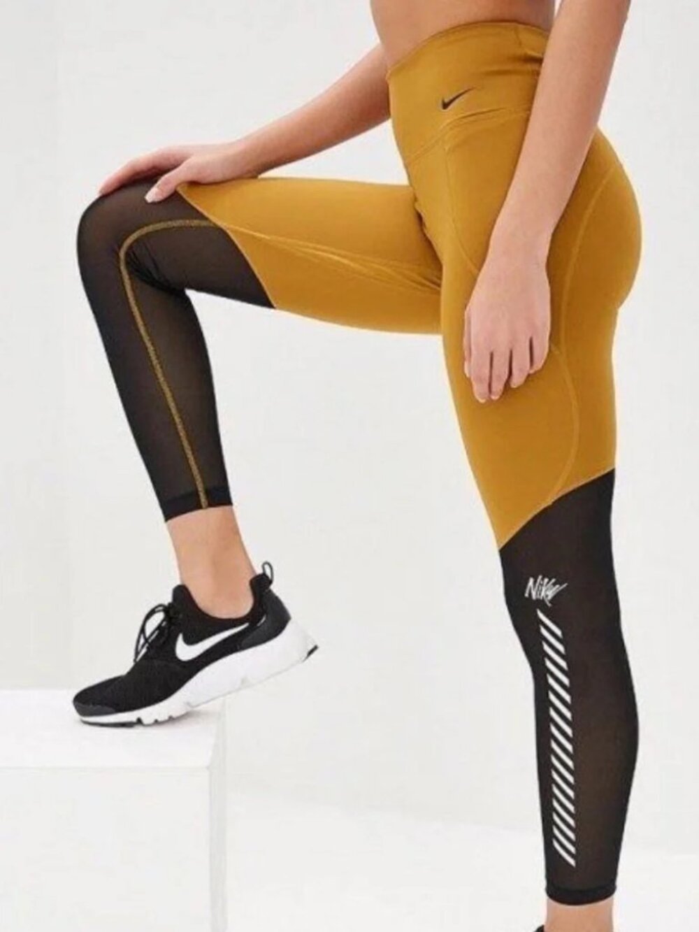 Nike Dri-Fit Two Tone Mustard Yellow Black Mesh 7/8 High-Waisted Leggings - XS